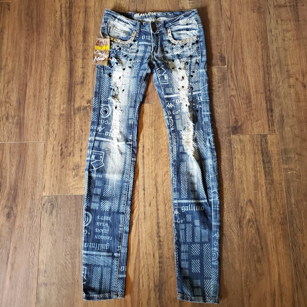 Machine Nouvelle Mode Destroyed Bling Skinny Jeans